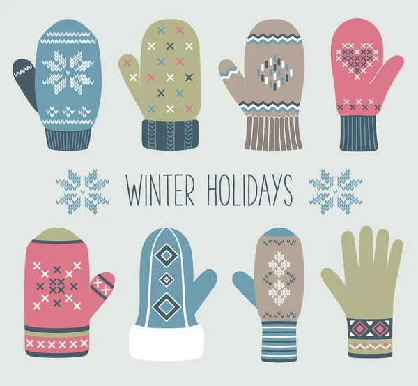 Vintage Christmas mittens, winter set — Stock Vector