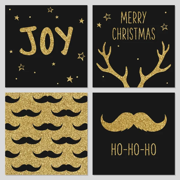 Hipster Christmas gold pattern, greeting card templates, mustache, deer antlers — Stock Vector