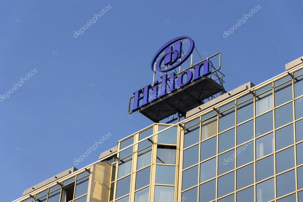 Hilton Hotels And Resorts Logo On The Building Of Prague Hilton Hotels And Resorts Logo On The Building Of Prague Hotel O Stock Photo
