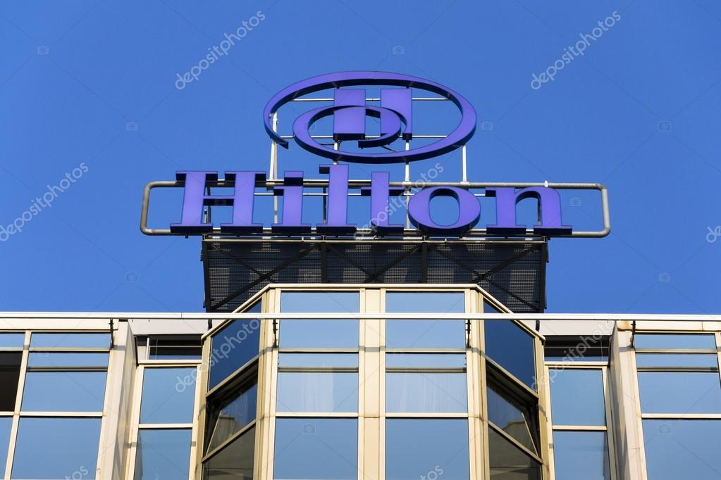 Hilton Hotels And Resorts Logo On The Building Of Prague Hilton Hotels And Resorts Logo On The Building Of Prague Hotel O Stock Photo