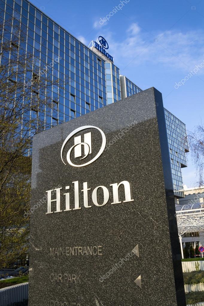 Hilton Hotels And Resorts Logo On The Building Of Prague Hilton Hotels And Resorts Logo On The Building Of Prague Hotel O Stock Photo