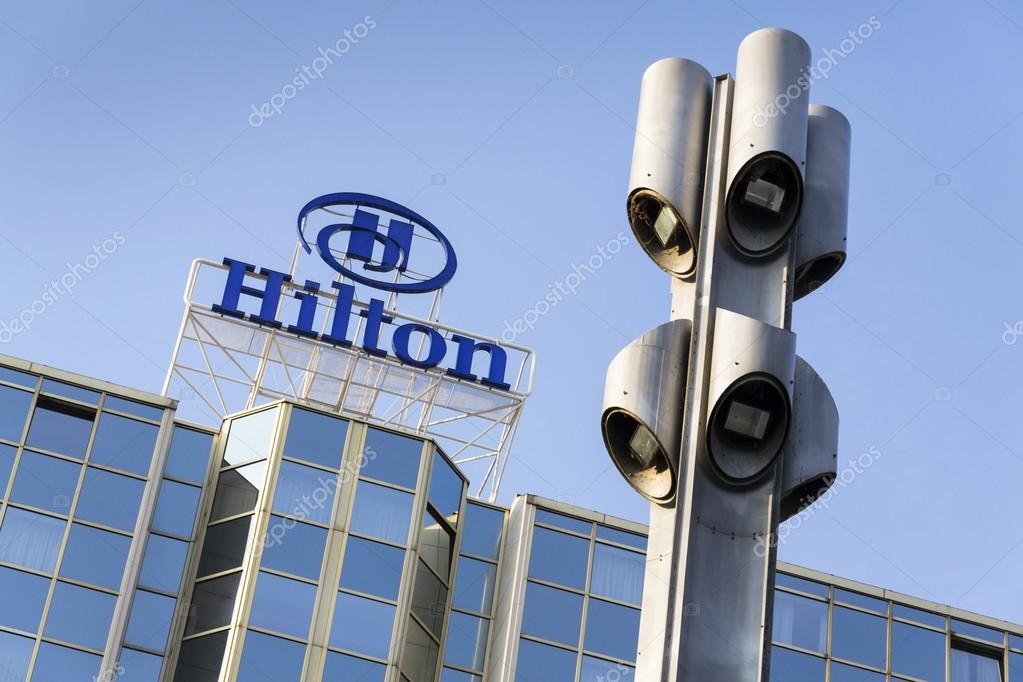 PRAGUE, CZECH REPUBLIC - MARCH 31: Hilton hotels and resorts logo on the building of Hilton Prague hotel on March 31, 2016 in Prague, Czech republic.