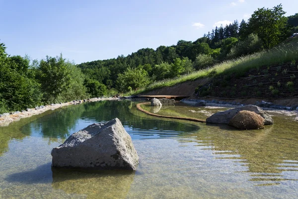 Estanque de natación natural purificando agua sin productos químicos a través de filtros y plantas — Foto de Stock