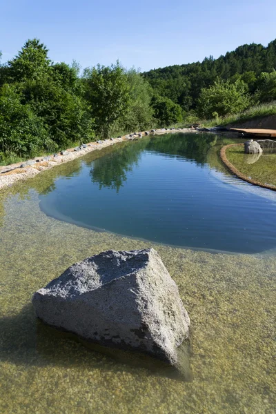 Природный пруд для очистки воды без химикатов через фильтры и растения — стоковое фото
