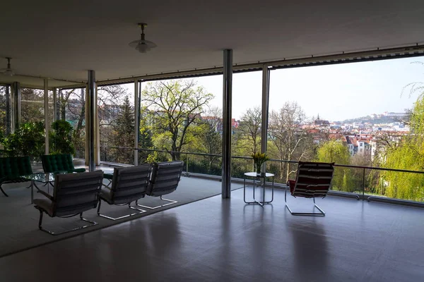 View of Spilberk Castle from the Villa Tugendhat garden by architect Ludwig Mies van der Rohe built in 1929-1930, modern functionalism architecture monument, Brno, Moravia, Czech Republic, UNESCO World Culture Heritage site