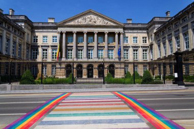 Parc de Bruxelles 'i Brüksel Parlamentosu Temsilciler Meclisi' ne bağlayan gökkuşağı boyalı yaya geçidi, çeşitliliği ve gururu simgeleyen canlı renkler 
