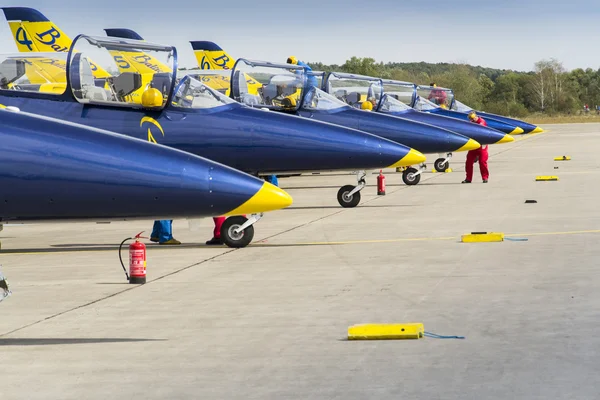 Baltic Bees Jet Team with Aero L-39 Albatros planes standing on a runway — Stock Photo, Image