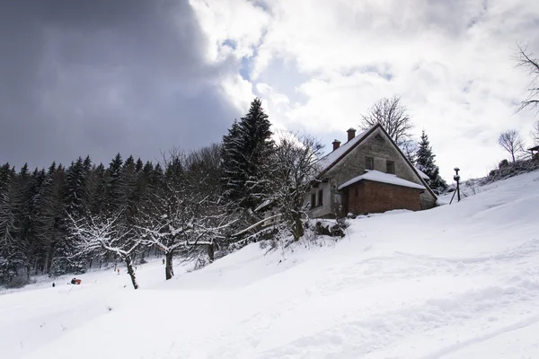 Casa coperta di neve in un paese di montagna gelido — Foto Stock