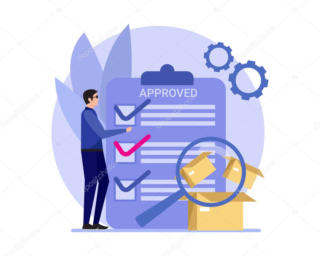Vector illustration of the concept of Quality control and product safety, defective product testing, inspection, warranty certificate abstract metaphor.