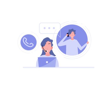 Kulaklık takan kadın bilgisayarı çalıştırıyor ve müşteriyle konuşuyor. Müşteri yardımı, çağrı merkezleri, telefon operatörleri, danışman yöneticiler, teknik destek ve müşteri hizmetleri. vektör