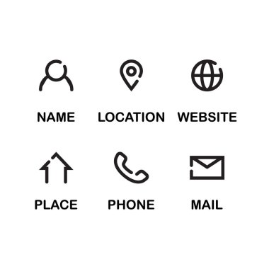 İş simgeleri koleksiyonu. İsim, konum, site, adres, telefon, posta, yer. vektör