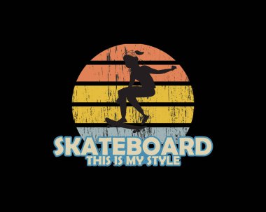 Bir kaykay ve tipografinin vektör çizimi. Tişört, gömlek, kapüşon, şapka tasarımı için harika..