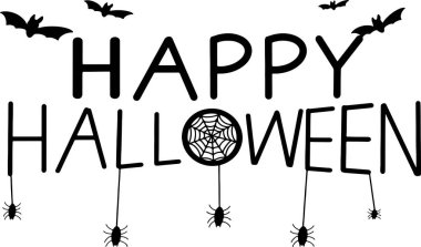 Sembol dekorasyonu süsleme örümcek ağı yarasa canavar yazı tipi yazı tipi siyah renkli mutlu Cadılar Bayramı 3131 Ekim, korku gecesi sezonu beyaz izole arka plan vektörü