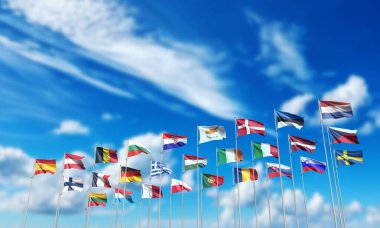 AB Avrupa Birliği bayrağı vlag mavi gökyüzü bulutlu beyaz kopya alan üyeliği ülkesi siyasi hükümet eu 27 ülke ulusal demokrasi ekonomisi uluslararası özgürlük anlaşması iş dünyası AB