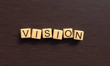 Vizyon yazı tipi küp tahta bloğu kare işaret sembolü iş stratejisi fikri büyüme yönetimi yeniliği geliştirme vizyon planlama takım çalışması fırsat vizyonu pazarlama kariyeri finans