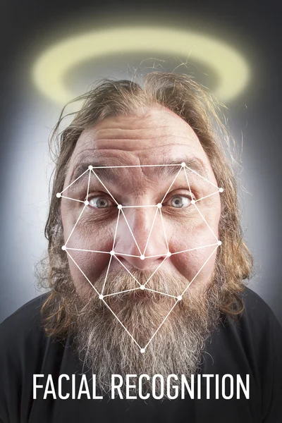 Verificação Biométrica Reconhecimento Facial Homem Barbudo Com Nimbo Cabeça — Fotografia de Stock