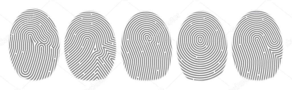 Five fingerprints on a white background