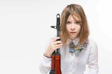 Girl with frightened look and Kalashnikov clipart