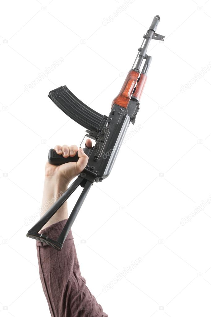 Kalashnikov raised by one hand