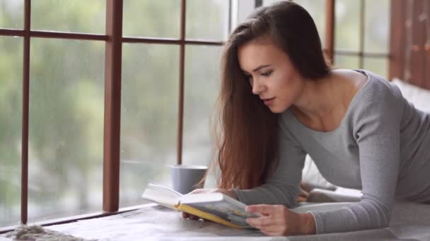 Eine Junge Frau Grauen Kleid Liest Ein Buch Das Vor — Stockvideo