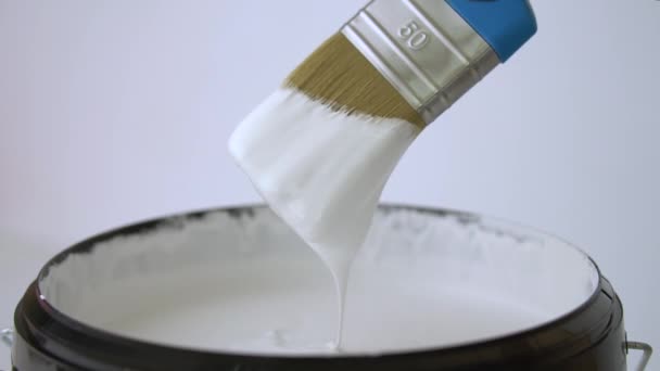 Pintura Blanca Gruesa Gotea Cepillo Limpio Cubo — Vídeos de Stock
