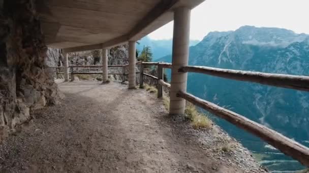 Man Walks Road High Mountains Road Eisriesenwelt Cave Austria Beautiful — Stock Video