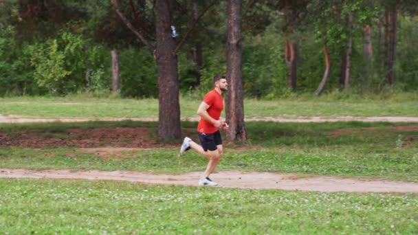 Atleta Corre Longo Estrada Parque Movimento Lento — Vídeo de Stock