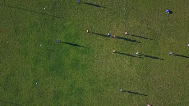 Athletes Play Football Green Field Day View Shooting Copter — Stock Video