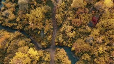 Yukarıdan güzel bir sonbahar manzarası. Ormandan geçen yol nehirle kesişiyor.