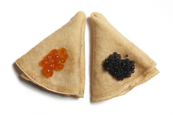 Pancakes with red and black caviar — Stock Photo, Image