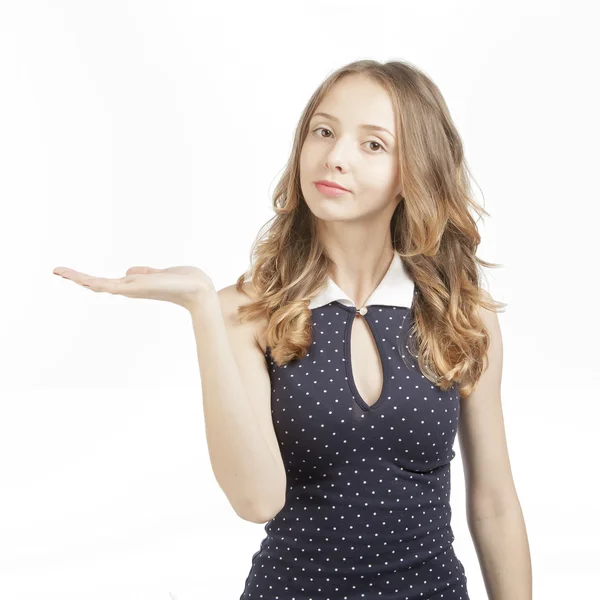 Smiling girl holding a hand palm — Stock Photo, Image