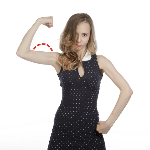 Dívka s imaginární svaly nad pravou ruku — Stock fotografie