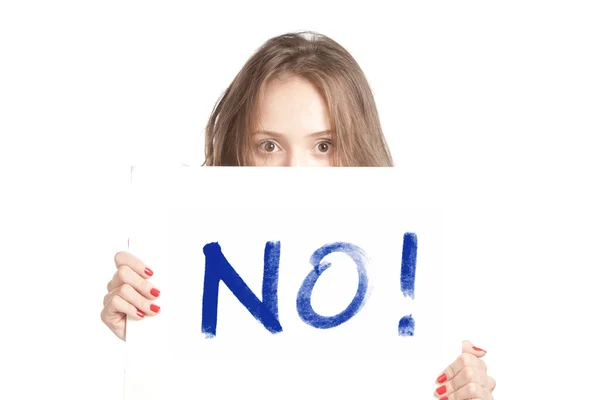 Woman holding a sign on a face — Stock Photo, Image
