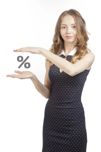 Girl with an imaginary percent sign — Stock Photo, Image