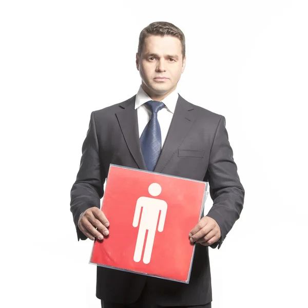 Hombre con chaqueta sosteniendo placa roja —  Fotos de Stock