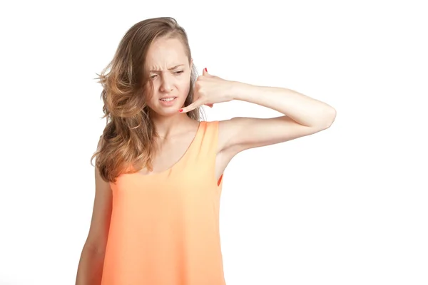 Beautiful girl shows gesture — Stock Photo, Image