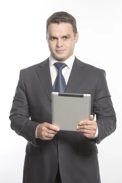 Man in with the tablet on white — Stock Photo, Image