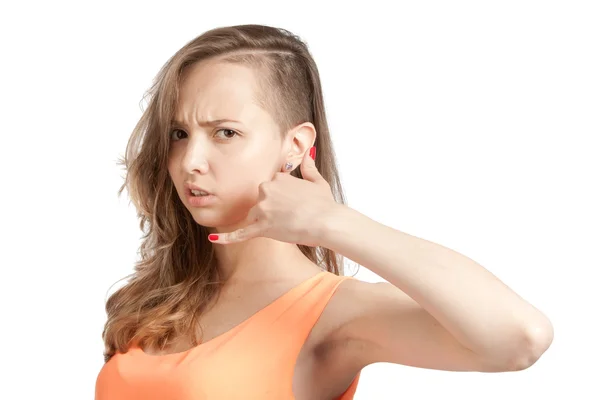 Beautiful girl shows gesture — Stock Photo, Image