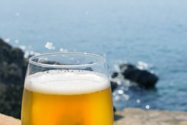 Bardak bira ile deniz arka plan üzerinde