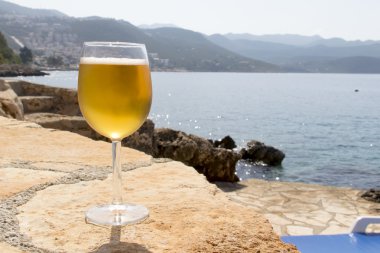 Bardak bira ile deniz arka plan üzerinde