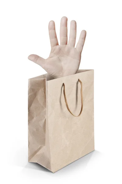 用人类的手的纸，购物袋。 — 图库照片