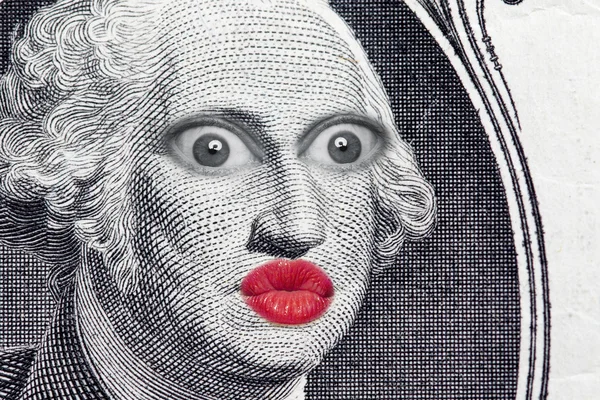 Face on dollar bill with red lips — ストック写真