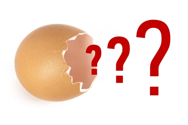 Broken eggshell with question marks — Stock fotografie