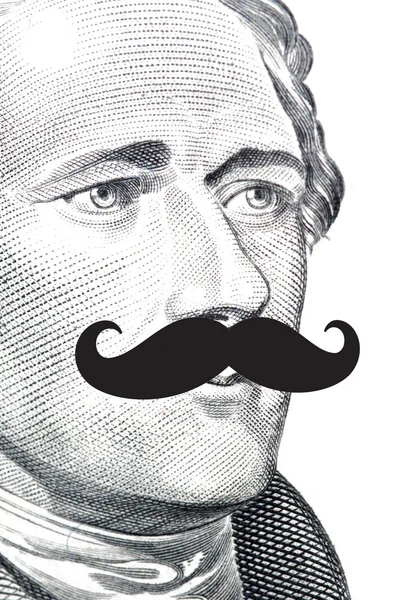 Face sur un billet de dollar avec moustache — Photo