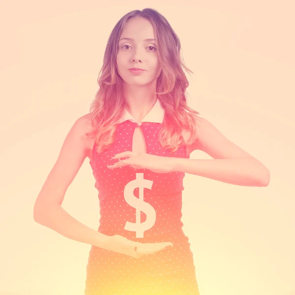 Young woman holding dollar symbol — Stock Photo, Image