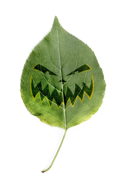 Folha verde com rosto halloween — Fotografia de Stock