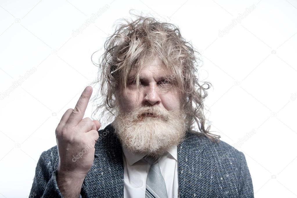 Bearded man showing fuck gesture