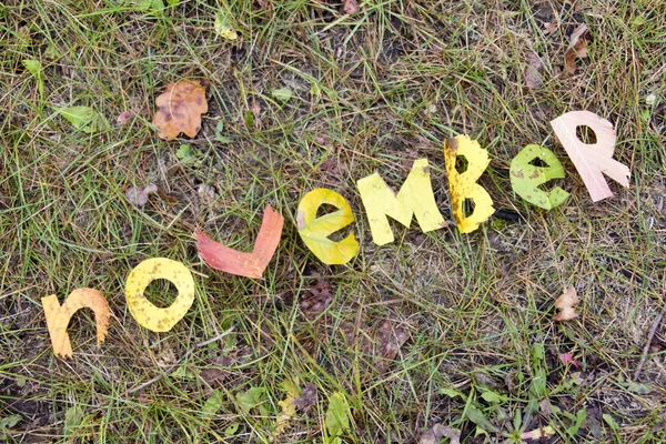 Wort November aus Herbstblättern geschnitten — Stockfoto