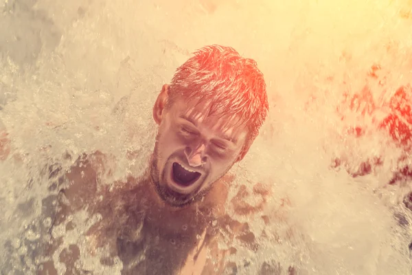 Young Man Swimming Water Waterfal — Stok Foto