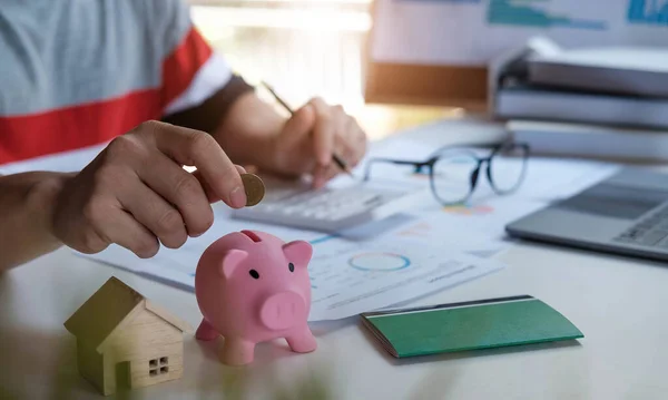 Business Man Putting Money Piggybank Saving Financial Accounting Concept — Stock Photo, Image